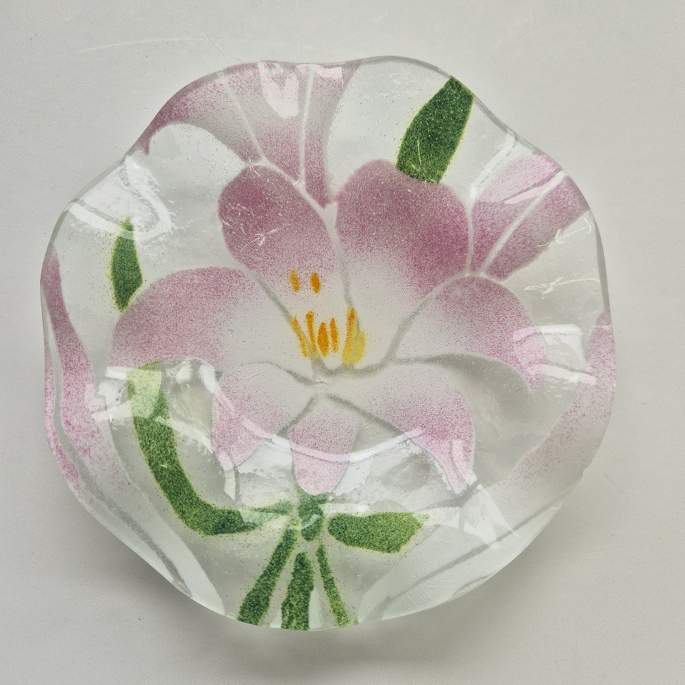 Vtg Fused Art Glass Trinket Dish Iris Ruffled Edge